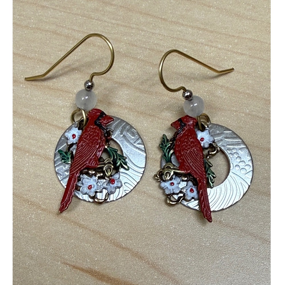 Cardinal Drop Earrings Red Enamel Bird Floral Nature Whimsical Nature Cottage